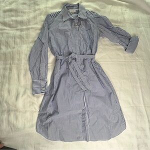 Calvin Klein Classic Striped Button-Up Long Sleeve Shirt Dress With Tie Waist